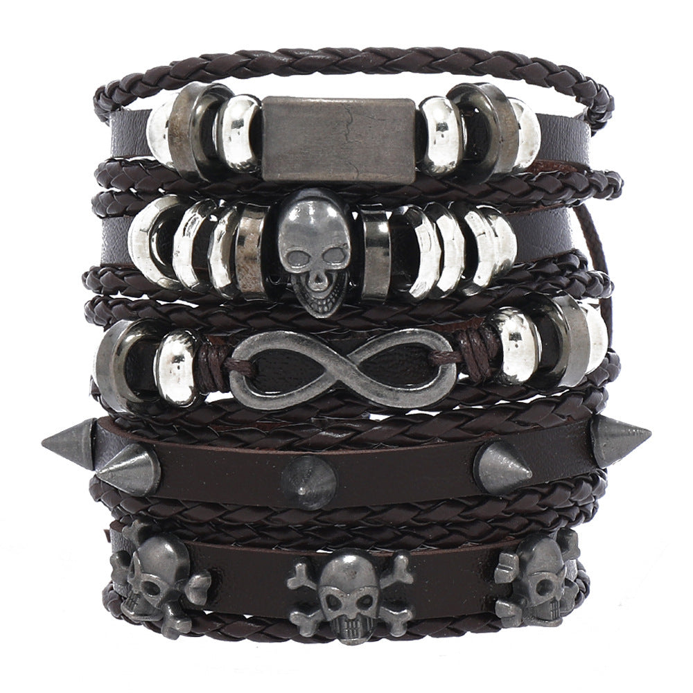 Wholesale Skull 8-shaped alloy five-piece leather bracelet